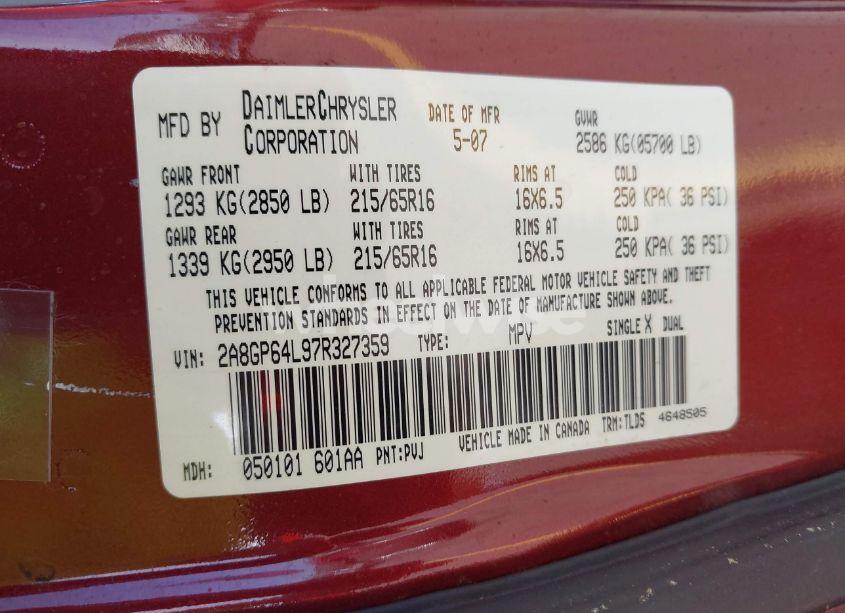 Photo 9 of 2007 Chrysler Town & COUNTRY LIMITED (VIN 2A8GP64L97R327359)