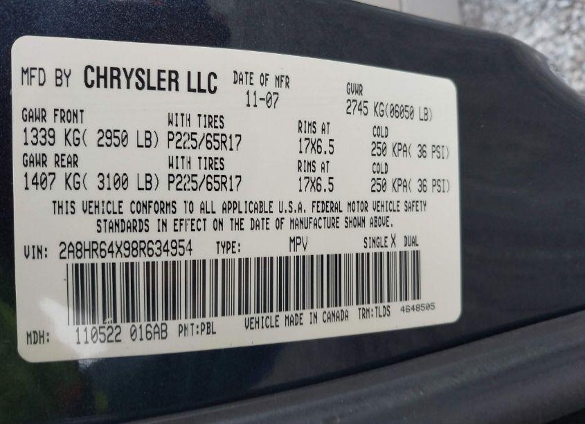 Photo 9 of 2008 Chrysler Town & COUNTRY LIMITED (VIN 2A8HR64X98R634954)