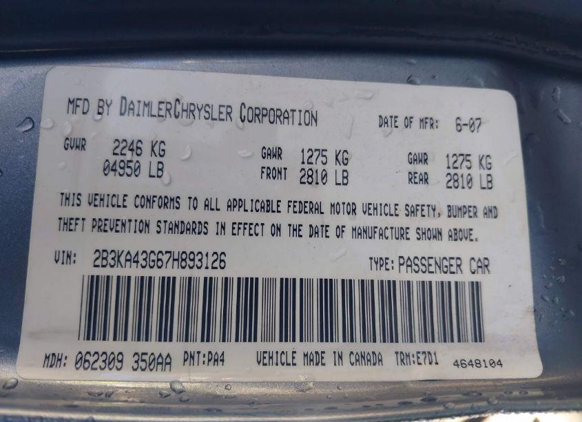 Photo 9 of 2007 Dodge Charger (VIN 2B3KA43G67H893126)