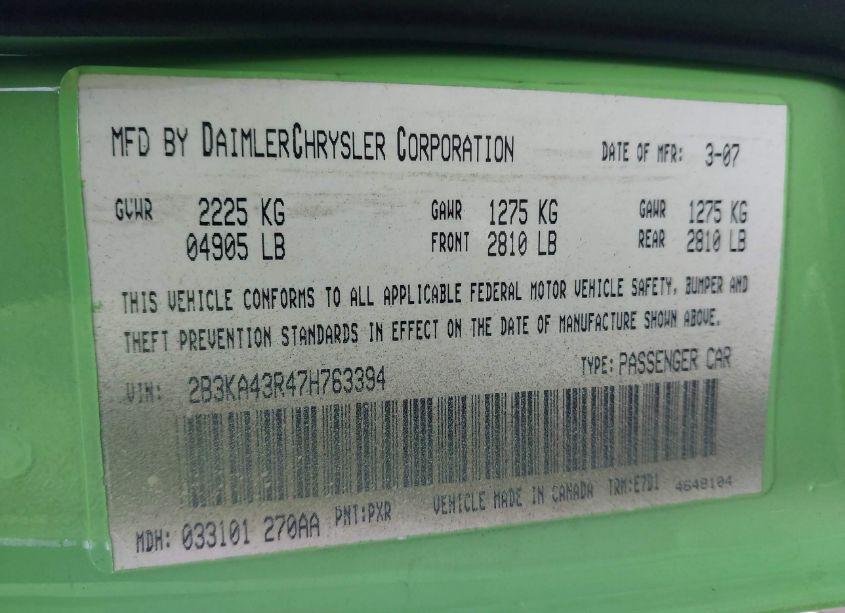 Photo 9 of 2007 Dodge Charger (VIN 2B3KA43R47H763394)