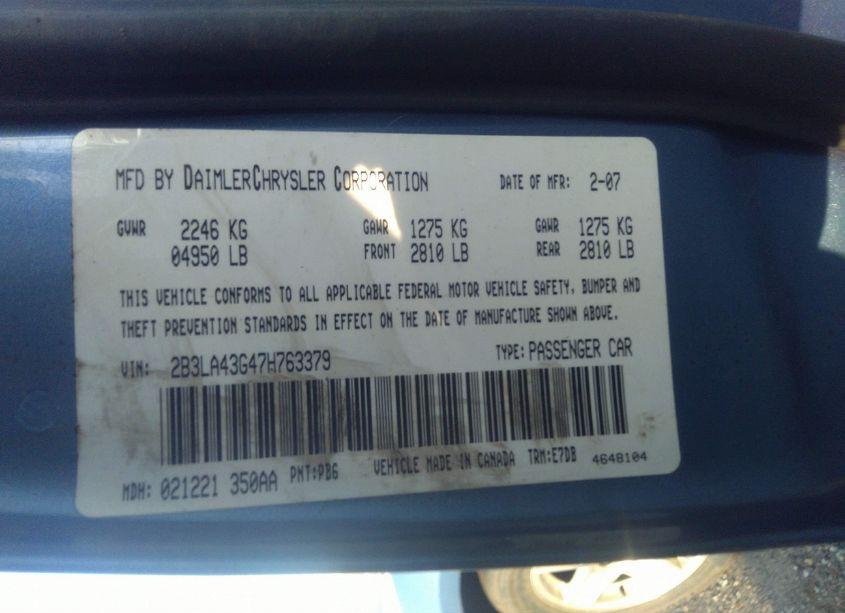 Photo 9 of 2007 Dodge Charger (VIN 2B3LA43G47H763379)