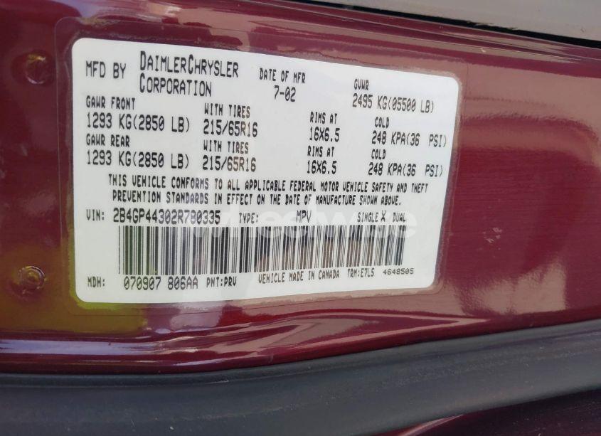 Photo 9 of 2002 Dodge Grand CARAVAN SPORT (VIN 2B4GP44302R780335)