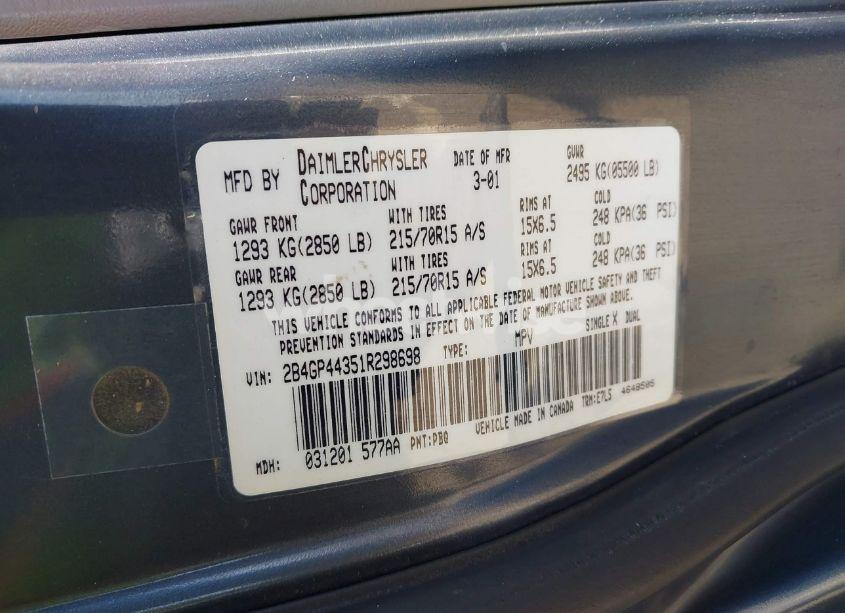 Photo 9 of 2001 Dodge Grand CARAVAN SPORT (VIN 2B4GP44351R298698)