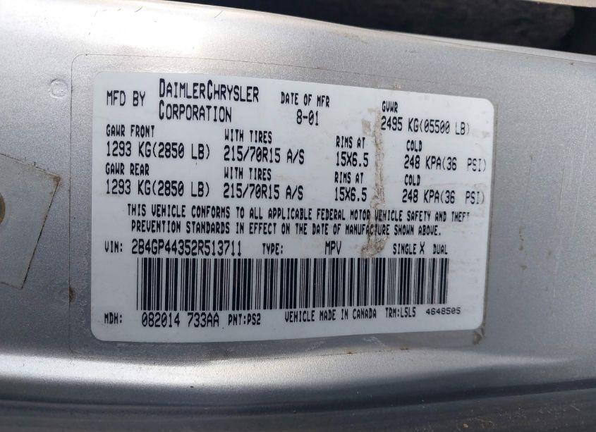 Photo 9 of 2002 Dodge Grand CARAVAN SPORT (VIN 2B4GP44352R513711)