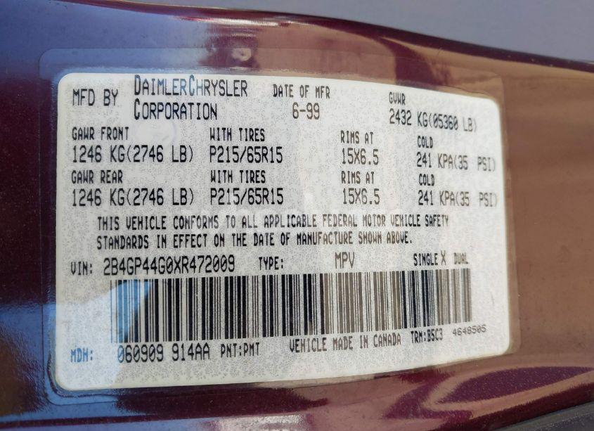 Photo 9 of 1999 Dodge Grand CARAVAN SE (VIN 2B4GP44G0XR472009)