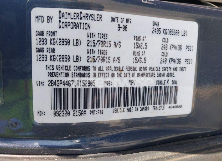 Photo 9 of 2001 Dodge Grand CARAVAN SPORT (VIN 2B4GP44G71R152905)