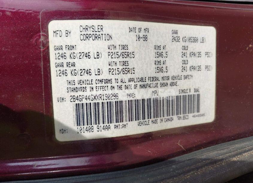 Photo 9 of 1999 Dodge Grand CARAVAN SE (VIN 2B4GP44GXXR190296)