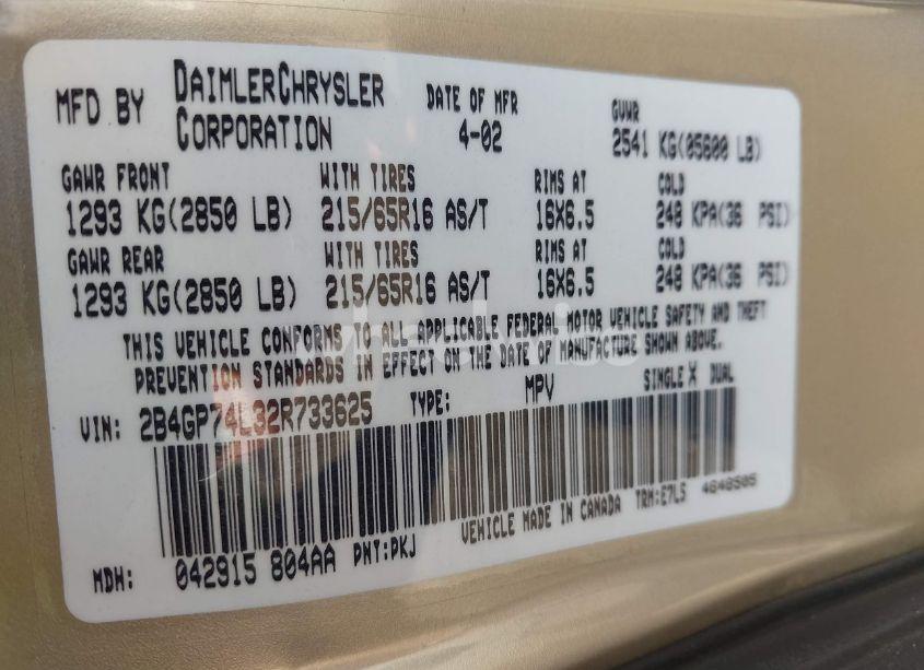 Photo 9 of 2002 Dodge Grand CARAVAN EX (VIN 2B4GP74L32R733625)