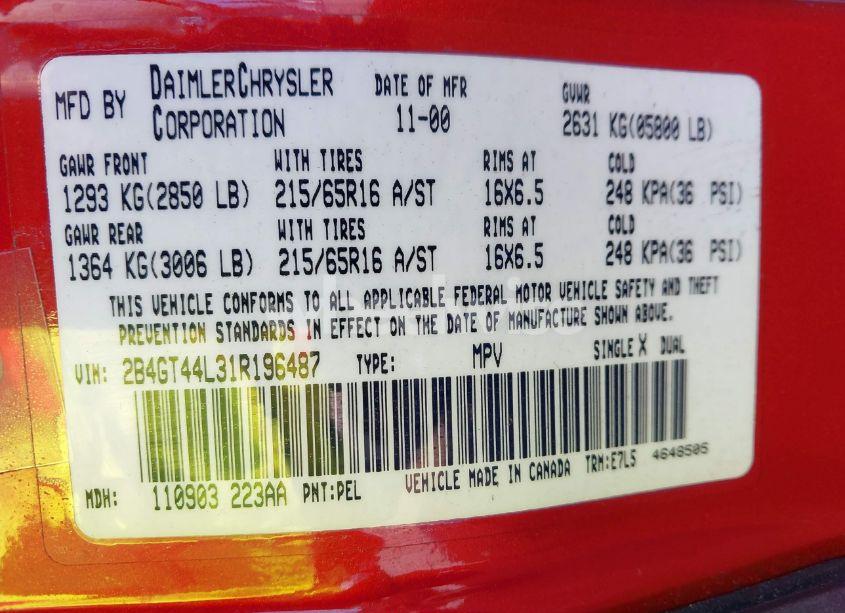 Photo 9 of 2001 Dodge Grand CARAVAN SPORT (VIN 2B4GT44L31R196487)