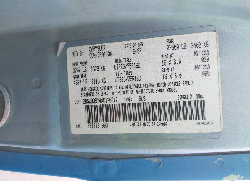 Photo 9 of 1992 Dodge Ram WAGON B350 (VIN 2B5WB35Y4NK170817)