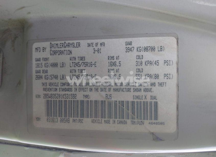 Photo 9 of 2001 Dodge Ram WAGON 3500 (VIN 2B5WB35Z01K531592)