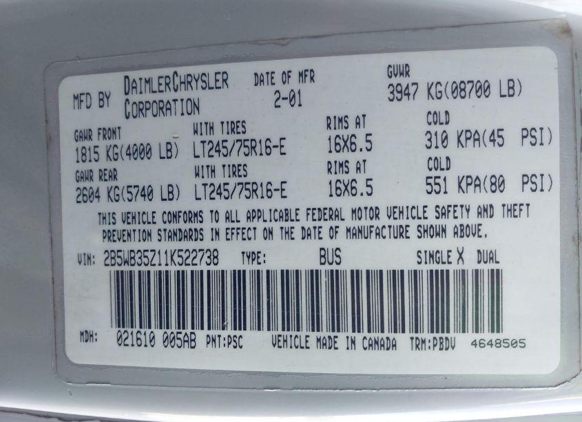 Photo 9 of 2001 Dodge Ram WAGON 3500 (VIN 2B5WB35Z11K522738)