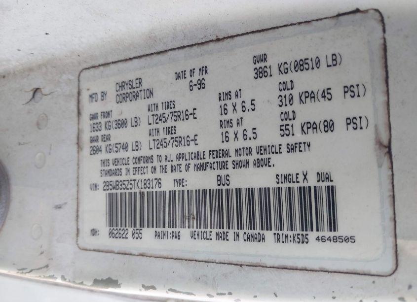 Photo 9 of 1996 Dodge Ram WAGON B3500 (VIN 2B5WB35Z5TK183176)