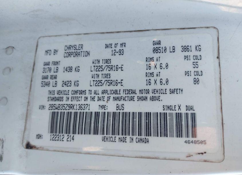 Photo 9 of 1994 Dodge Ram WAGON B350 (VIN 2B5WB35Z9RK136371)