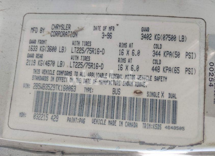Photo 9 of 1996 Dodge Ram WAGON B3500 (VIN 2B5WB35Z9TK160063)