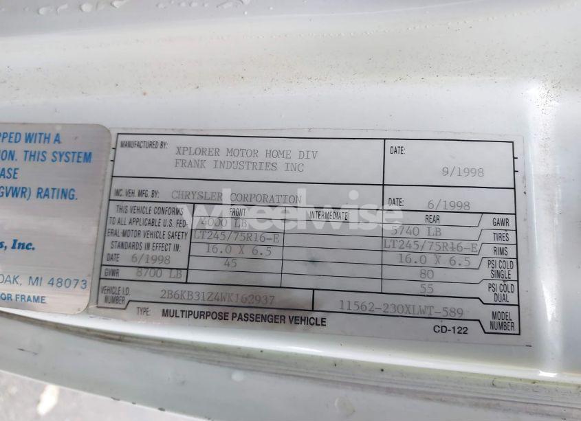 Photo 9 of 1998 Dodge Ram VAN 3500 COMMERCIAL/COMMERCIAL MAXI/CONVERSION (VIN 2B6KB31Z4WK162937)