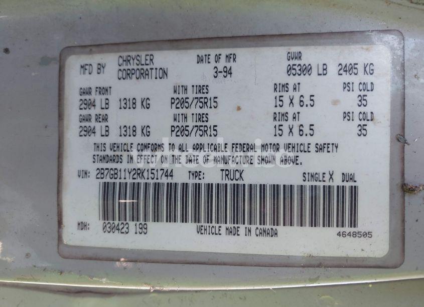 Photo 9 of 1994 Dodge Ram VAN B150 (VIN 2B7GB11Y2RK151744)