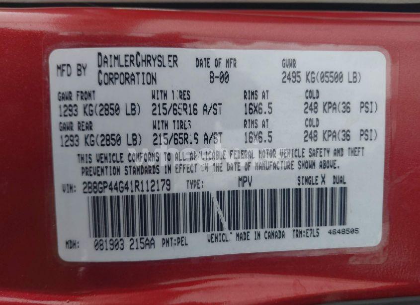 Photo 9 of 2001 Dodge Grand CARAVAN SPORT (VIN 2B8GP44G41R112179)