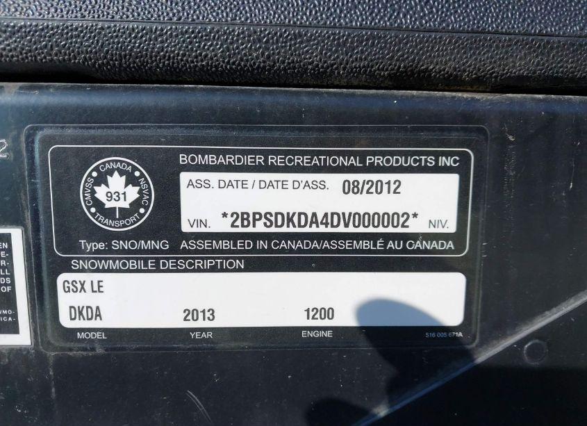 Photo 9 of 2013 Ski Doo 1170CC (VIN 2BPSDKDA4DV000002)