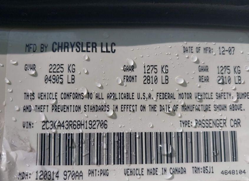 Photo 9 of 2008 Chrysler 300 LX (VIN 2C3KA43R68H192706)