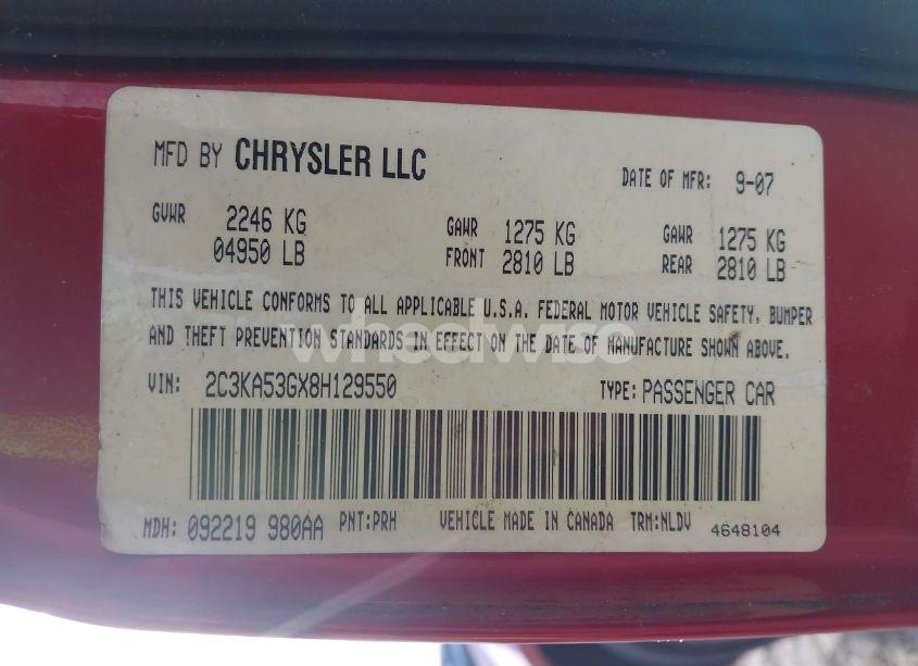 Photo 9 of 2008 Chrysler 300 TOURING (VIN 2C3KA53GX8H129550)