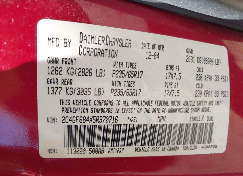 Photo 9 of 2005 Chrysler Pacifica TOURING (VIN 2C4GF684X5R370716)