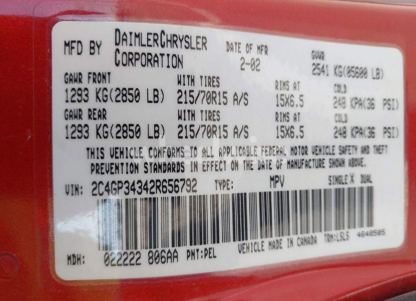 Photo 9 of 2002 Chrysler Town & COUNTRY EL (VIN 2C4GP34342R656792)