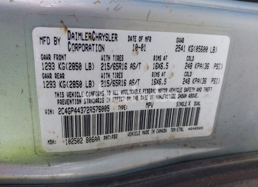 Photo 9 of 2002 Chrysler Town & COUNTRY LX (VIN 2C4GP44372R576005)