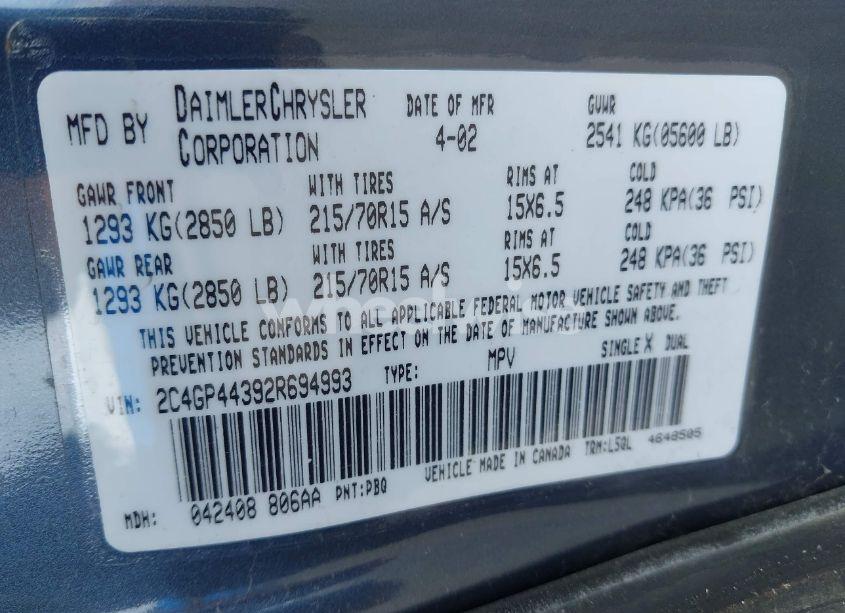 Photo 9 of 2002 Chrysler Town & COUNTRY LX (VIN 2C4GP44392R694993)