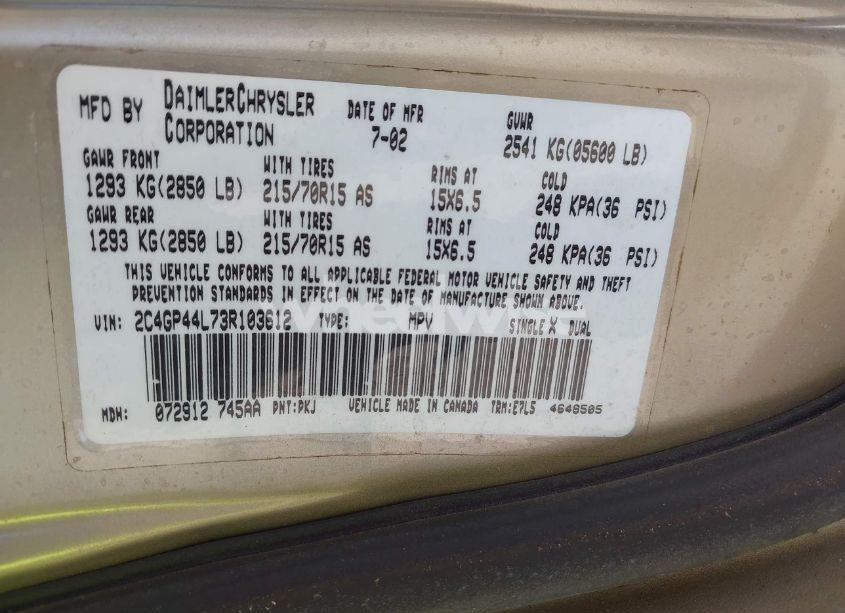 Photo 9 of 2003 Chrysler Town & COUNTRY LX (VIN 2C4GP44L73R103612)