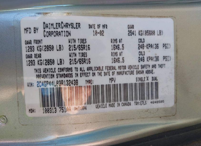 Photo 9 of 2003 Chrysler Town & COUNTRY LX (VIN 2C4GP44L83R132438)