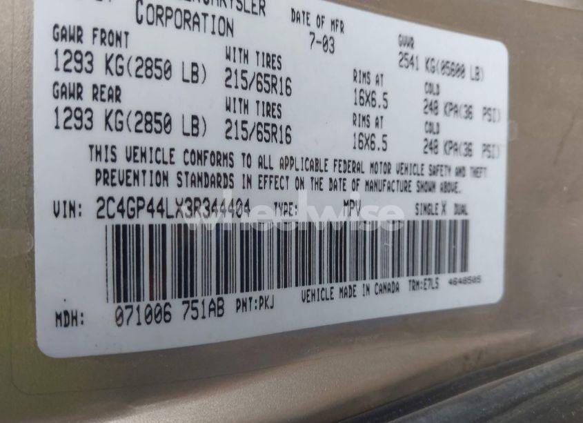 Photo 9 of 2003 Chrysler Town & COUNTRY LX (VIN 2C4GP44LX3R344404)