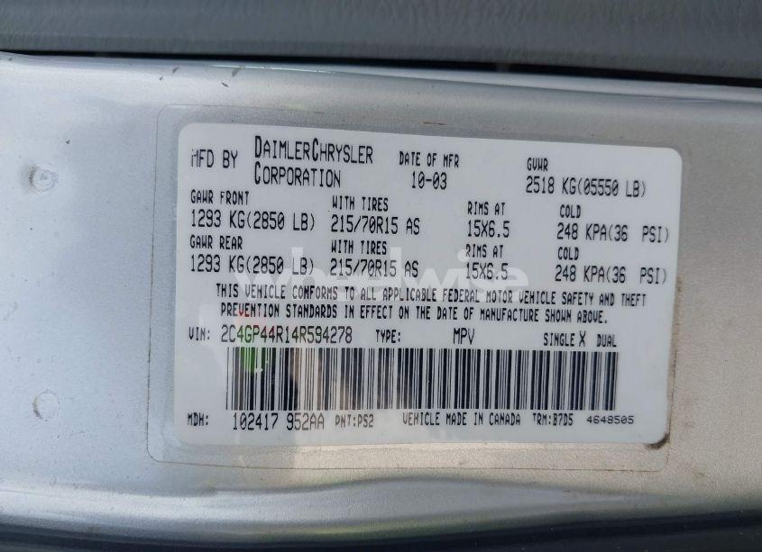 Photo 9 of 2004 Chrysler Town & COUNTRY LX (VIN 2C4GP44R14R594278)