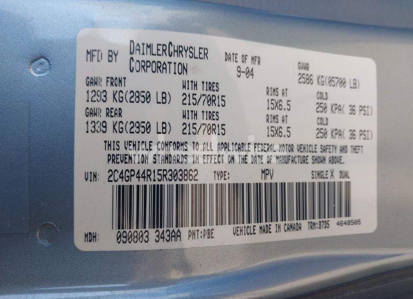 Photo 9 of 2005 Chrysler Town & COUNTRY LX (VIN 2C4GP44R15R303862)