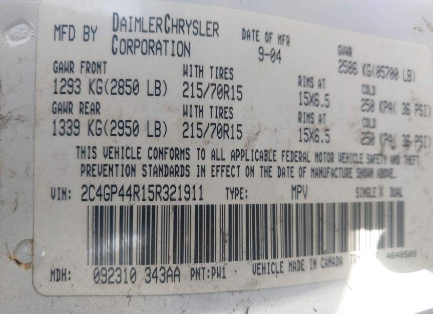 Photo 9 of 2005 Chrysler Town & COUNTRY LX (VIN 2C4GP44R15R321911)