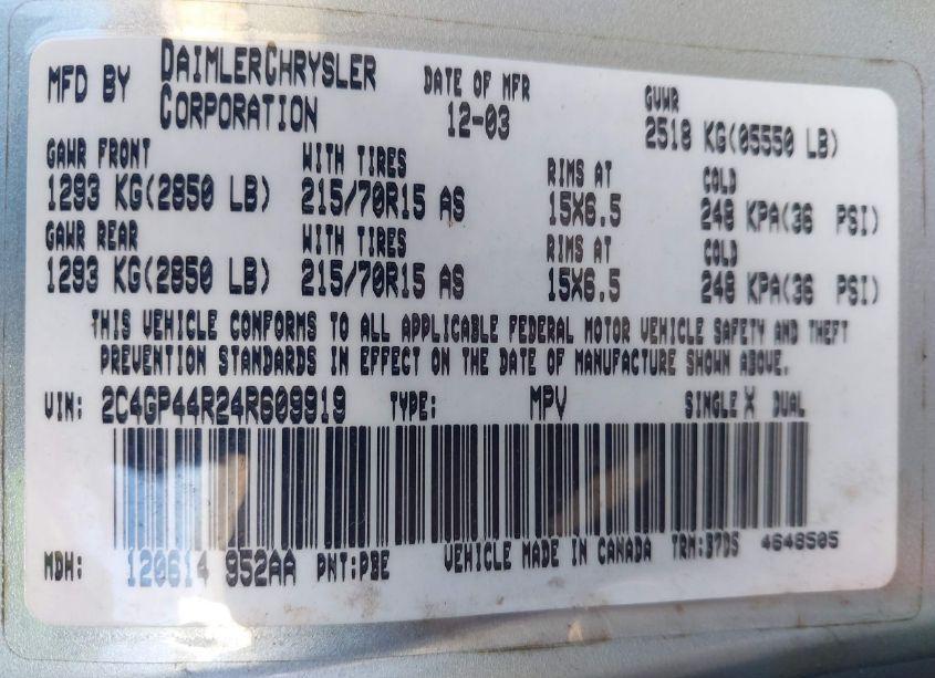 Photo 9 of 2004 Chrysler Town & COUNTRY LX (VIN 2C4GP44R24R609919)