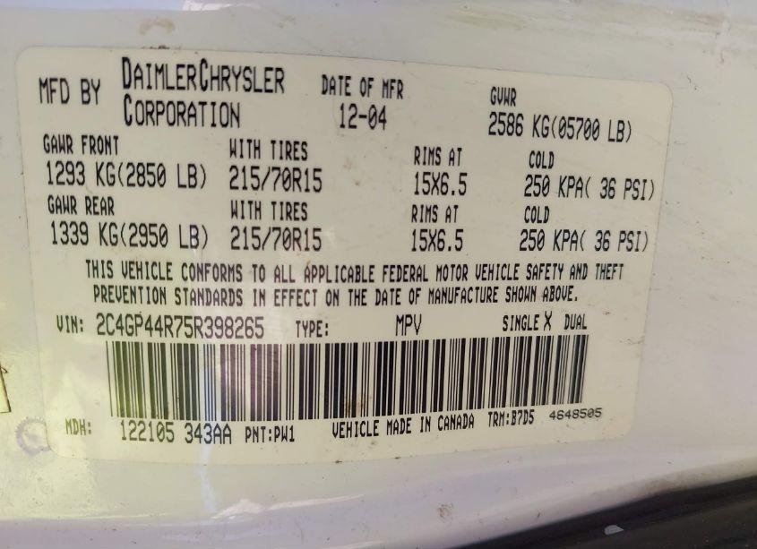 Photo 9 of 2005 Chrysler Town & COUNTRY LX (VIN 2C4GP44R75R398265)