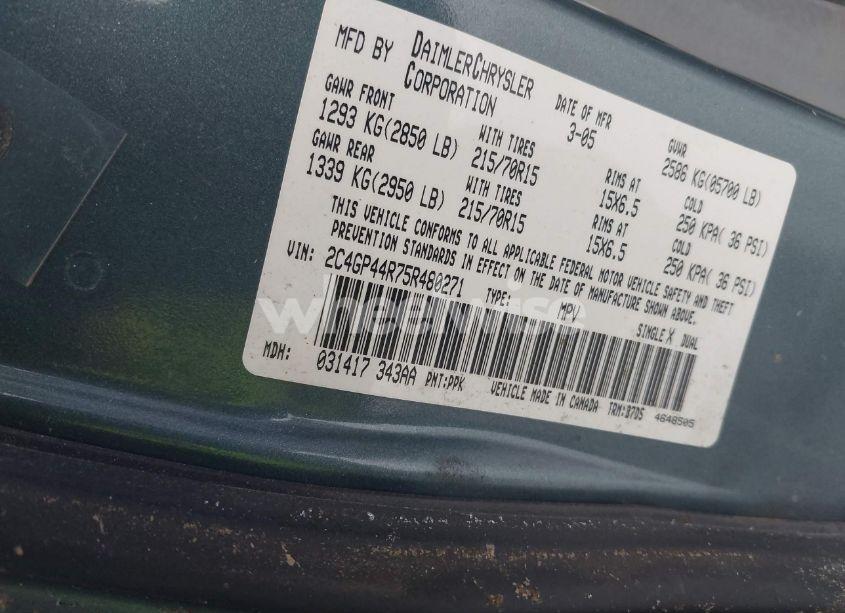 Photo 9 of 2005 Chrysler Town & COUNTRY LX (VIN 2C4GP44R75R480271)