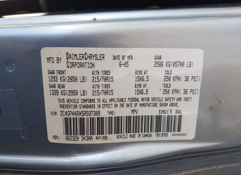 Photo 9 of 2005 Chrysler Town & COUNTRY LX (VIN 2C4GP44RX5R597309)