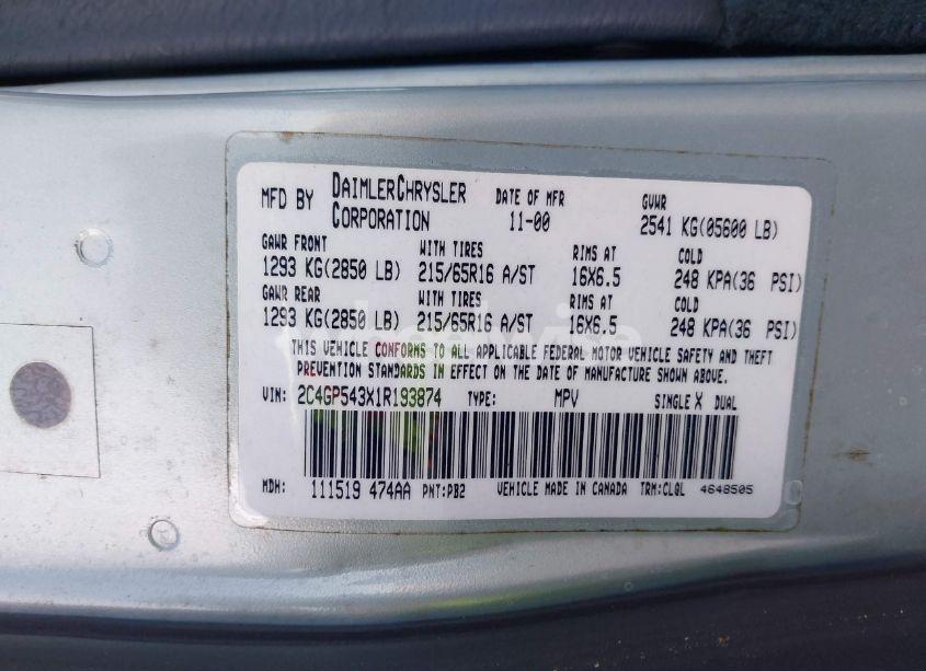 Photo 9 of 2001 Chrysler Town & COUNTRY LXI (VIN 2C4GP543X1R193874)