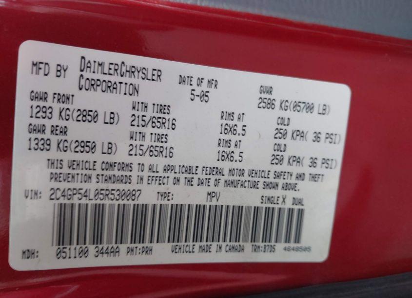 Photo 9 of 2005 Chrysler Town & COUNTRY TOURING (VIN 2C4GP54L05R530087)