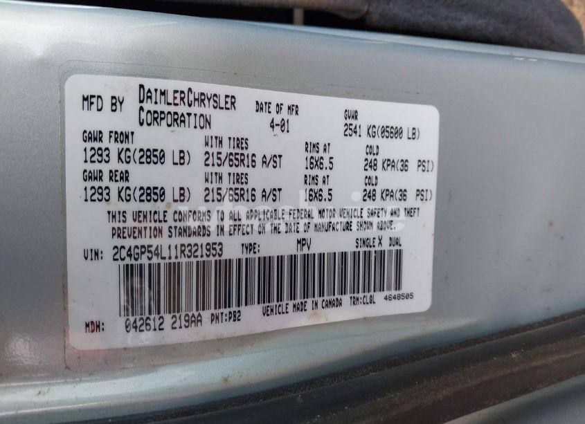 Photo 9 of 2001 Chrysler Town & COUNTRY LXI (VIN 2C4GP54L11R321953)