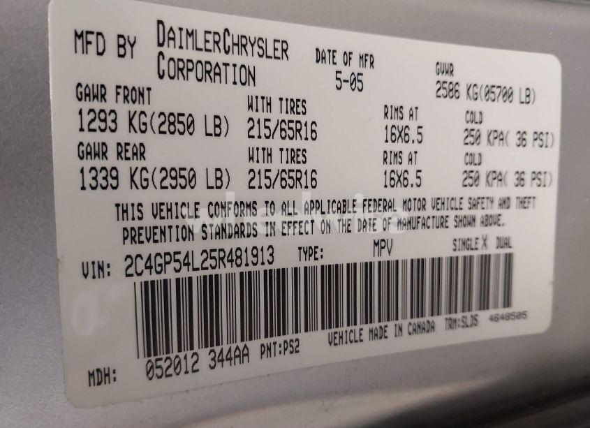 Photo 9 of 2005 Chrysler Town & COUNTRY TOURING (VIN 2C4GP54L25R481913)