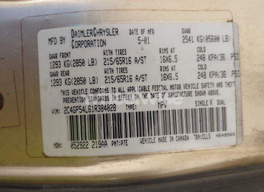 Photo 9 of 2001 Chrysler Town & COUNTRY LXI (VIN 2C4GP54L61R384028)