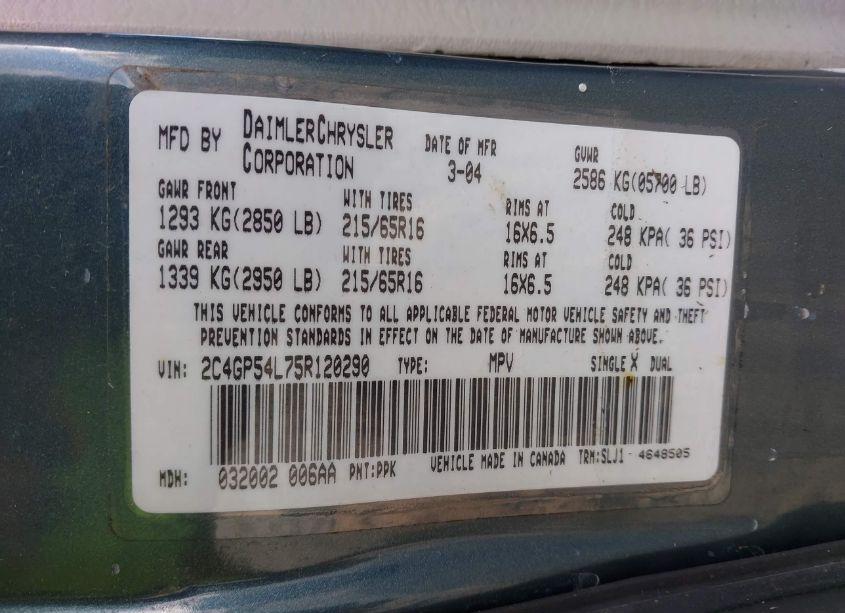 Photo 9 of 2005 Chrysler Town & COUNTRY TOURING (VIN 2C4GP54L75R120290)