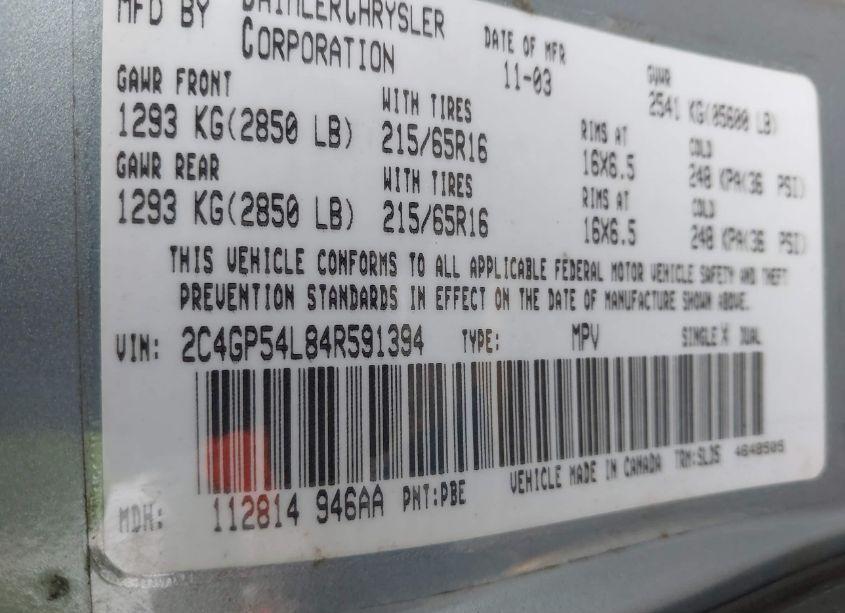 Photo 9 of 2004 Chrysler Town & COUNTRY TOURING (VIN 2C4GP54L84R591394)