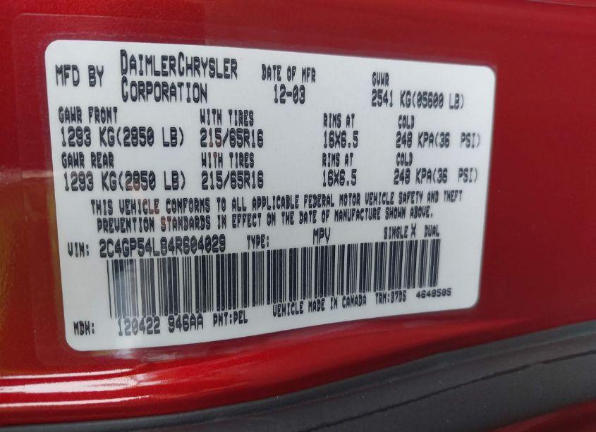 Photo 9 of 2004 Chrysler Town & COUNTRY TOURING (VIN 2C4GP54L84R604029)