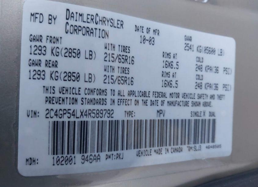 Photo 9 of 2004 Chrysler Town & COUNTRY TOURING (VIN 2C4GP54LX4R589792)