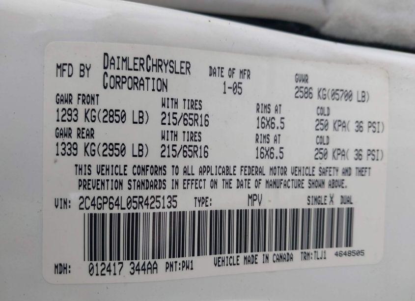 Photo 9 of 2005 Chrysler Town & COUNTRY LIMITED (VIN 2C4GP64L05R425135)