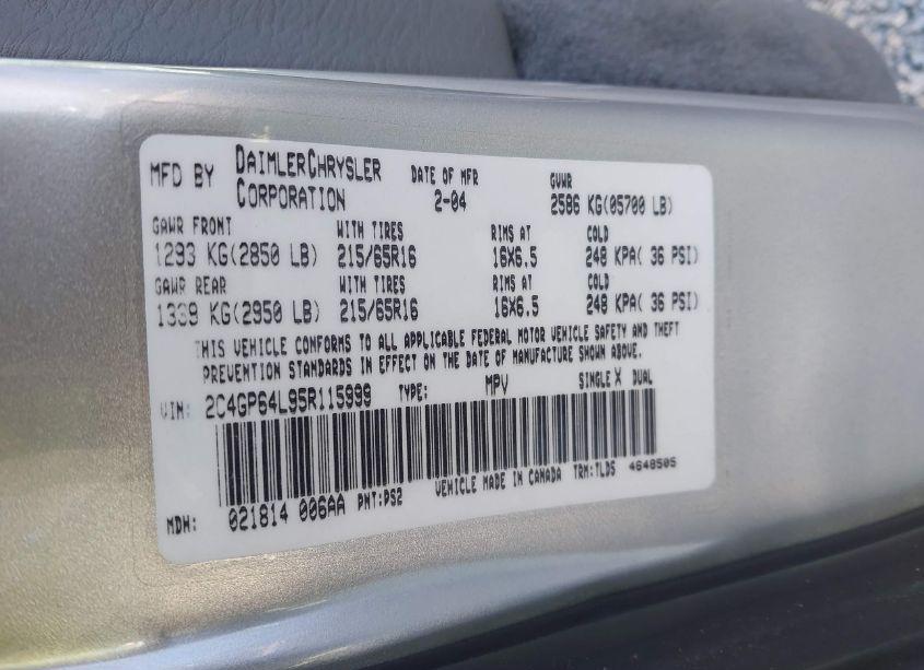 Photo 9 of 2005 Chrysler Town & COUNTRY LIMITED (VIN 2C4GP64L95R115999)